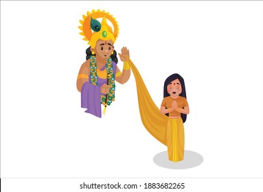 Vector graphic illustration. Lord Krishna is protecting Draupadi. Individually on a white background.