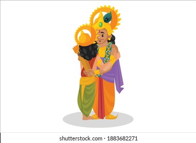 Vector graphic illustration. Lord Krishna and Arjun are hugging. Individually on a white background.