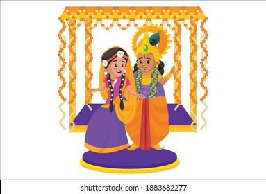 Vector graphic illustration. Lord Krishna is sitting with Radha on the swing. Individually on a white background.