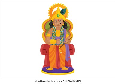 Vector graphic illustration. Lord Krishna is holding a flute in hand and sitting on throne. Individually on white background.