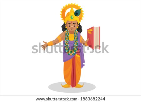 Vector graphic illustration. Lord Krishna is holding the Bhagavad Gita book in his hand. Individually on white background.