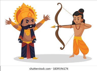 Vector graphic illustration. Lord Ram is holding a bow and arrow and killing Ravana. Individually on a white background.