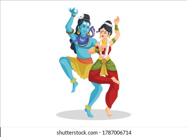 Vector graphic illustration. Lord Shiva and Goddess Parvati are dancing together. Individually on a white background.	