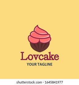 Pastel de pan, pasteles de crema rosada Diseño plano con logotipo aislado de fondo amarillo