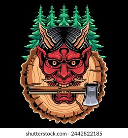 Vector graphic illustration of lumberjack oni isolated on dark background suitable for t-shirt design