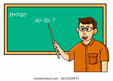 Vector graphic illustration of a male teacher explaining a simple math problem on a green chalkboard. Suitable for educational, school and learning content.