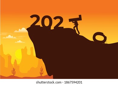 a vector graphic illustration of a man replace 2020 with 2021 on the cliff with a beautiful sunset view.