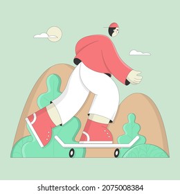 Vector graphic illustration of a man riding a skateboard for web, business or landing page