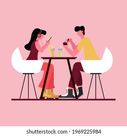 Vector graphic illustration of a man trying to propose to a woman by giving a surprise ring, but the woman ignores it.