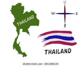 Vector graphic illustration of a map of the country of Thailand. There is a compass as a navigation indicator of wind direction, north, west, east and south.
