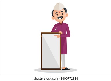 Vector graphic illustration. Marathi man is showing an empty board. Individually on white background.	