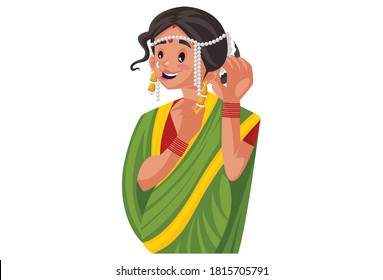 Vector graphic illustration. Marathi woman is wearing traditional jewellery. Individually on a white background.