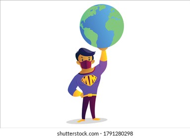 Ilustración gráfica vectorial. El hombre de la máscara sostiene la tierra de una mano. Individualmente sobre un fondo blanco.