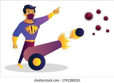 Vector graphic illustration. Mask man is fighting with coronavirus. Individually on a white background.	