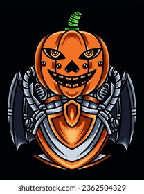 Vector graphic illustration of mecha pumpkin with bat wings suitable for t-shirt design