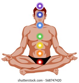 Vector graphic Illustration of a meditating man in yoga position with the seven main chakras. 
Energy centers of the human.