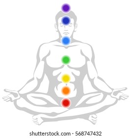 Vector graphic Illustration of a meditating man in yoga position with the seven main chakras. 
Energy centers of the human.