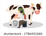 Vector graphic illustration. Milkman is extracting milk from the cow in bucket. Individually on a white background.	