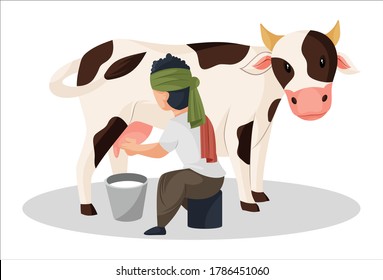 Vector graphic illustration. Milkman is extracting milk from the cow in bucket. Individually on a white background.	