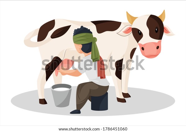 Vector\
graphic illustration. Milkman is extracting milk from the cow in\
bucket. Individually on a white\
background.	