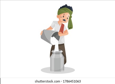 Vector graphic illustration. Milkman is filling milk in container with bucket. Individually on white background.	