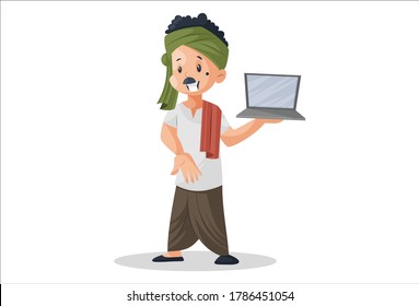 Vector graphic illustration. Milkman is holding a laptop in hand. Individually on white background.	
