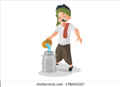 Vector graphic illustration. Milkman is mixing water in milk. Individually on white background.	
