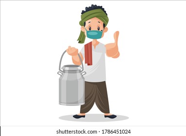 Vector graphic illustration. Milkman wearing mask, holding milk can in hand and showing thumbs up. Individually on white background.	