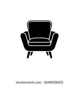 Vector graphic illustration of a modern black armchair icon, isolated on a white background. Image showcases a simple furniture element with wooden legs.