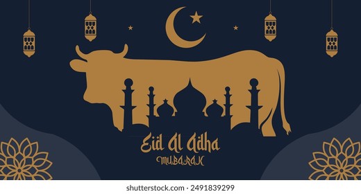 vector graphic illustration of mosque and cow in silhouette with burning lantern for eid al adha mubarak. great for backgrounds, banners, cards, flyers poster templates etc..eps
