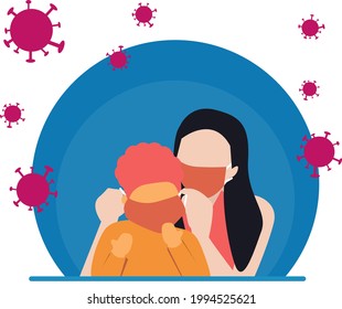 Vector graphic illustration of a mother wearing a mask to her child to avoid the virus.