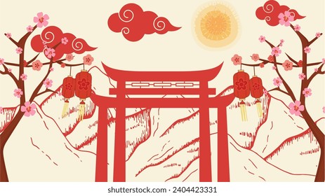 Vector graphic illustration of mountain views, gates, lantern, cherry blossom, chinese vibes. Suitable for celebrating Chinese New Year or other event.