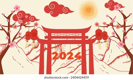 Vektorgrafik von Bergsicht, Toren und 2024 Zahl, Laterne, Kirschblüte, Chinesische Villen. Geeignet für die Feier des chinesischen Neujahrs 2024 oder anderer Veranstaltungen.