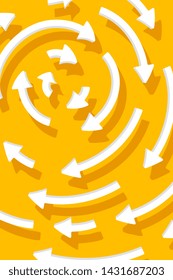 Vector graphic illustration with moving in a circles different white color arrow on yellow background. Flat style creative design for web, site, banner, poster