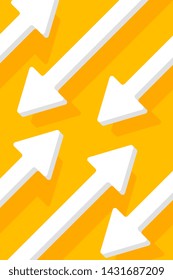 Vector graphic illustration of moving towards each other up and down white color arrow on yellow background. Flat style creative design for web, site, banner, poster