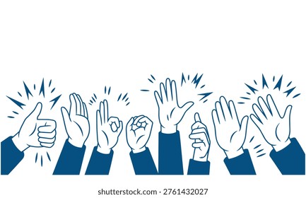 Vector graphic illustration of multiple hands with different gestures including thumbs up and palms facing outward, depicted in blue and white colors on a white background, conveying various nonverbal cues and expressions through hand movements.