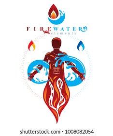 Vector graphic illustration of muscular human, mystic individual composed with limitless symbol created from water wave. Continuous human and nature harmony. 