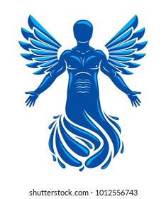 Vector graphic illustration of muscular human, individual made with bird wings. Pure water is free life, Poseidon the god of sea and defender of all waters.