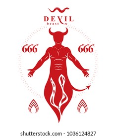 Vector graphic illustration of muscular human derives from fire. Mystic infernal demon, horned Lucifer, evil forces.