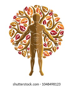 Vector graphic illustration of muscular human, self created with autumn tree eco leaves. Healthy lifestyle, resort and spa.