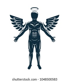 Vector graphic illustration of muscular human made using angelic bird wings and halo. Guardian angel.