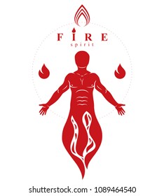 Vector graphic illustration of muscular human, self. The sun God fiery Ra, mystic ancient god metaphor.