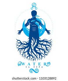 Vector graphic illustration of muscular human, individual created with tree roots and surrounded by a water ball. Human water reserves metaphor.