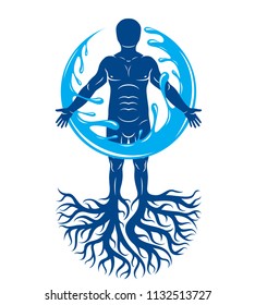 Vector graphic illustration of muscular human, individual created with tree roots and surrounded by a water ball. Body cleansing idea, alternative medicine theme picture.