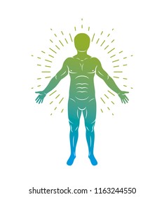 Vector graphic illustration of muscular human, self. Human being as center of the universe. 