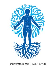 Vector graphic illustration of muscular human, individual created with tree roots and surrounded by a water ball. Body cleansing idea, alternative medicine theme picture.