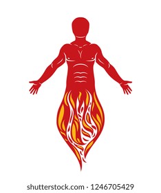 Vector graphic illustration of muscular human, self. The sun God fiery Ra, mystic ancient god metaphor.