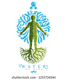 Vector graphic illustration of muscular human, individual created with tree roots and surrounded by a water ball. Human water reserves metaphor.
