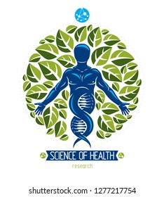 Vector graphic illustration of muscular human depicted as DNA symbol continuation and created with ecology tree leaves. Green thinking technology innovations, ecology conservation concept.