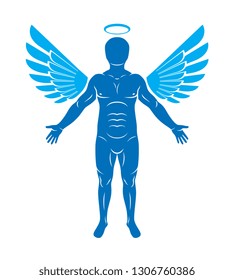 Vector graphic illustration of muscular human made using angelic bird wings and halo. Guardian angel.